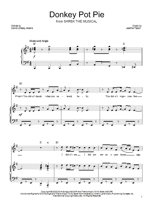 Shrek The Musical Donkey Pot Pie sheet music notes and chords arranged for Piano, Vocal & Guitar Chords (Right-Hand Melody)