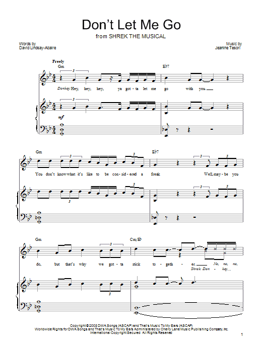 Shrek The Musical Don't Let Me Go sheet music notes and chords arranged for Piano, Vocal & Guitar Chords (Right-Hand Melody)
