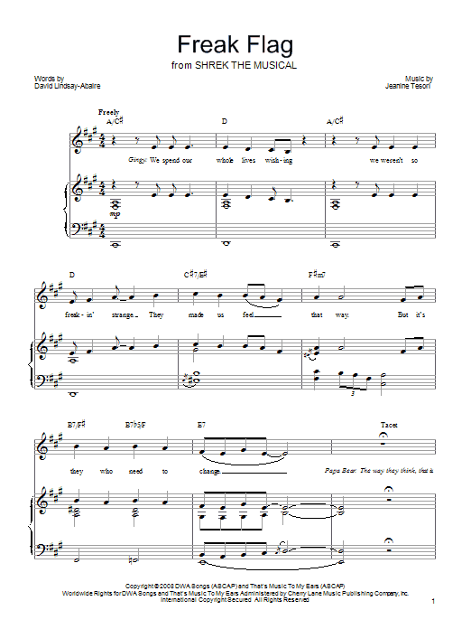 Shrek The Musical Freak Flag sheet music notes and chords arranged for Piano, Vocal & Guitar Chords (Right-Hand Melody)