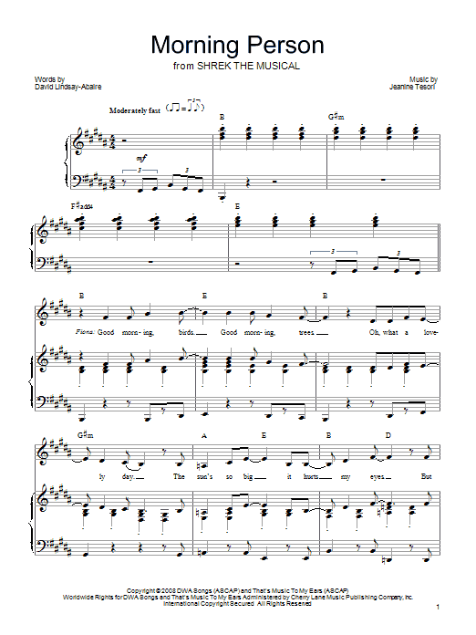 Shrek The Musical Morning Person sheet music notes and chords arranged for Piano, Vocal & Guitar Chords (Right-Hand Melody)