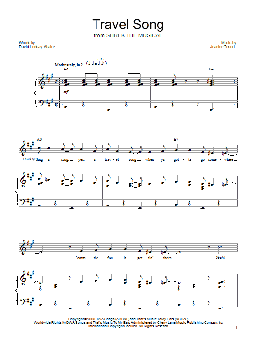 Shrek The Musical Travel Song sheet music notes and chords arranged for Piano, Vocal & Guitar Chords (Right-Hand Melody)