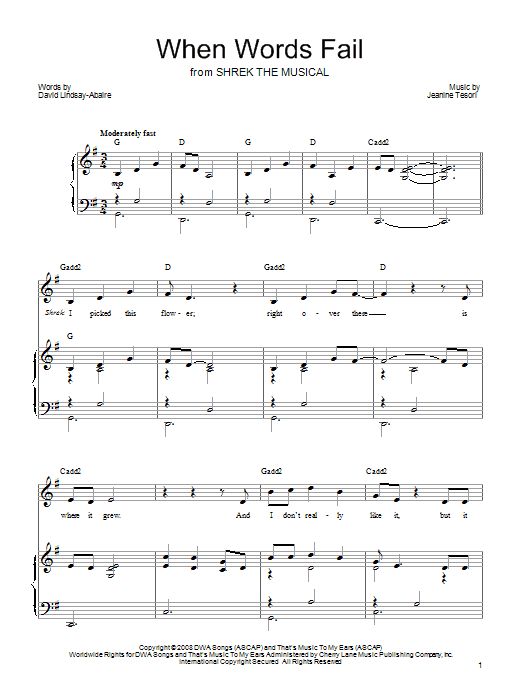 Shrek The Musical When Words Fail sheet music notes and chords arranged for Piano, Vocal & Guitar Chords (Right-Hand Melody)
