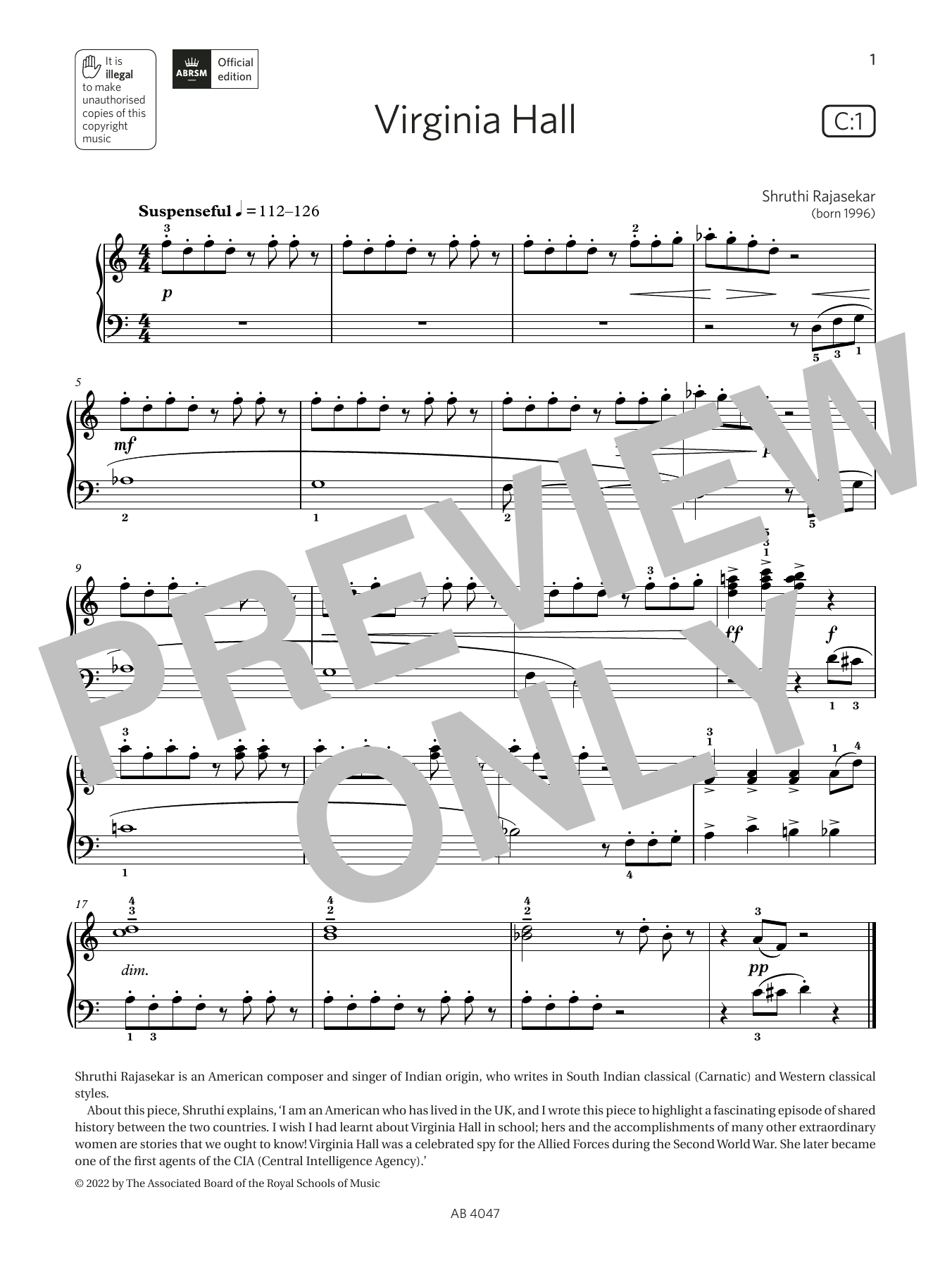Shruthi Rajasekar Virginia Hall (Grade 1, list C1, from the ABRSM Piano Syllabus 2023 & 2024) sheet music notes and chords arranged for Piano Solo