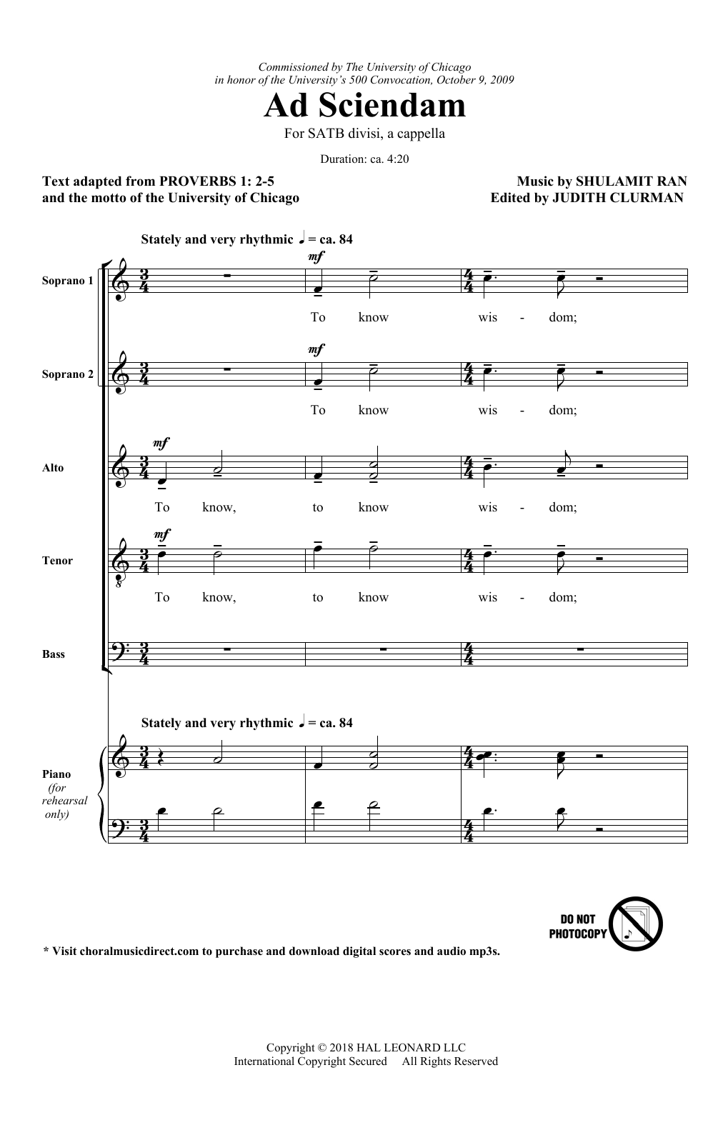 Shulamit Ran Ad Sciendam sheet music notes and chords arranged for SATB Choir