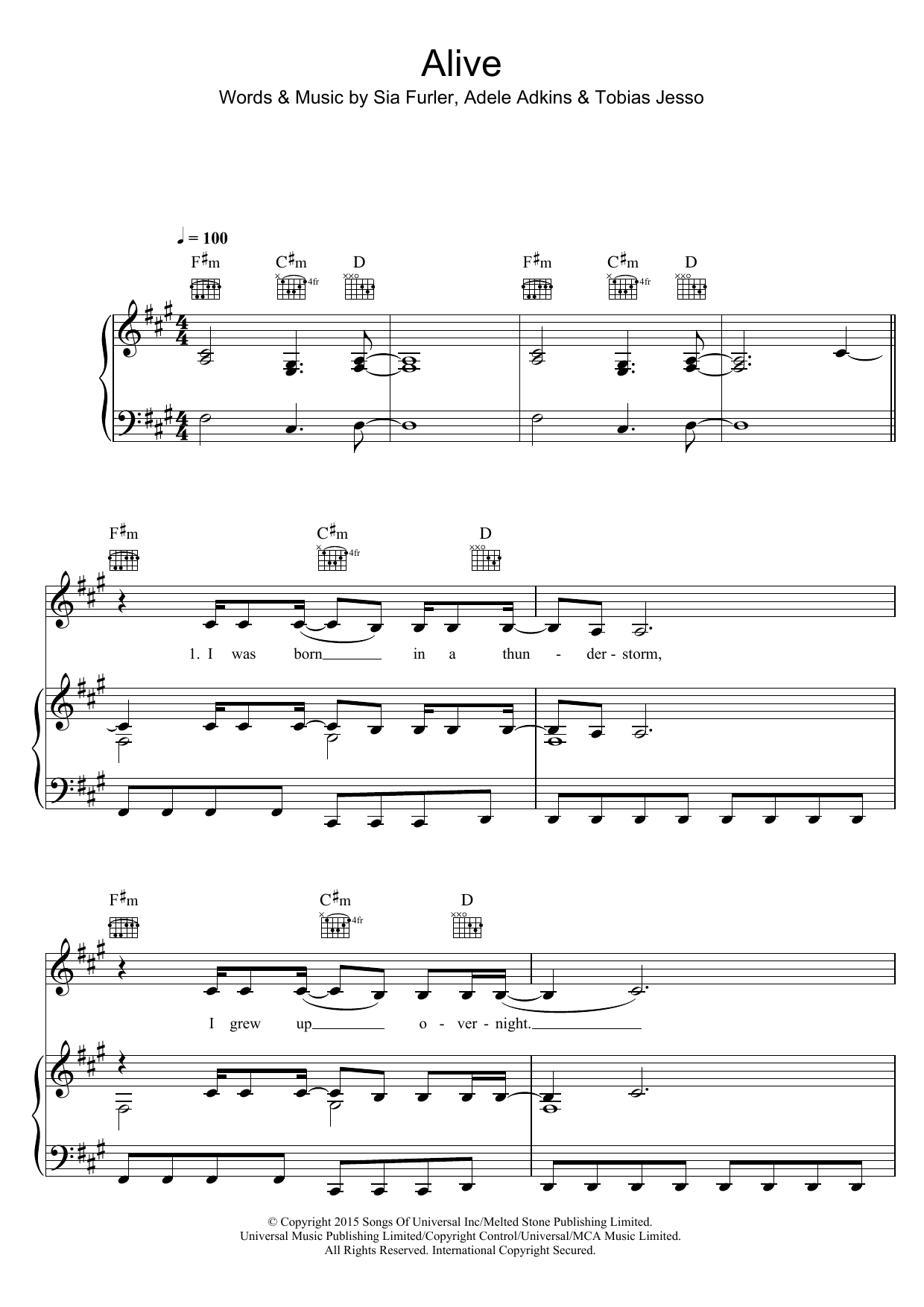 Sia Alive sheet music notes and chords arranged for Piano, Vocal & Guitar Chords