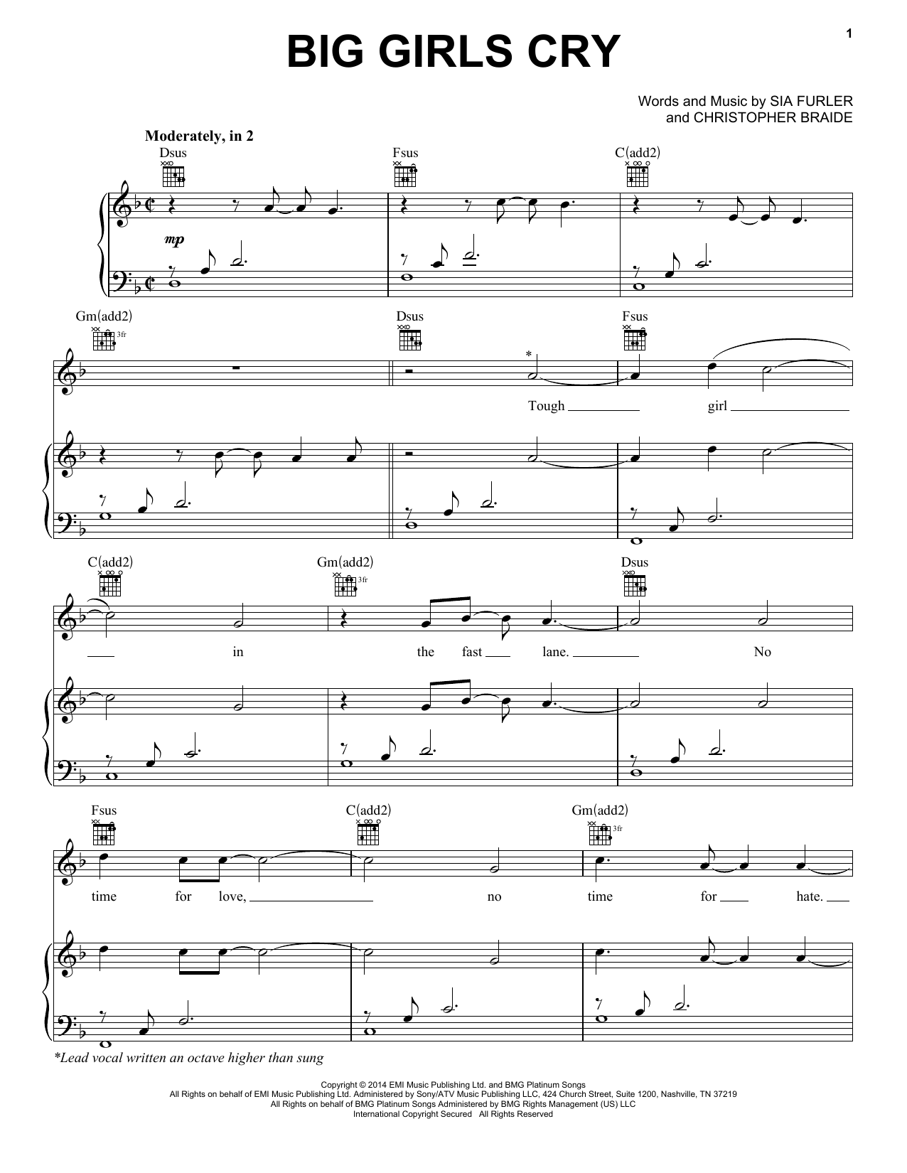 Sia Big Girls Cry sheet music notes and chords arranged for Piano, Vocal & Guitar Chords (Right-Hand Melody)