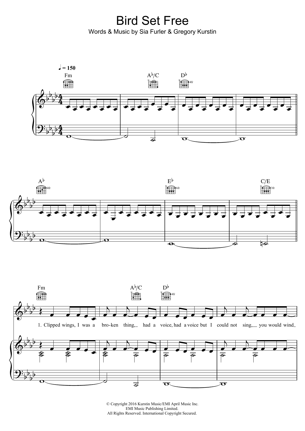 Sia Bird Set Free sheet music notes and chords arranged for Piano, Vocal & Guitar Chords