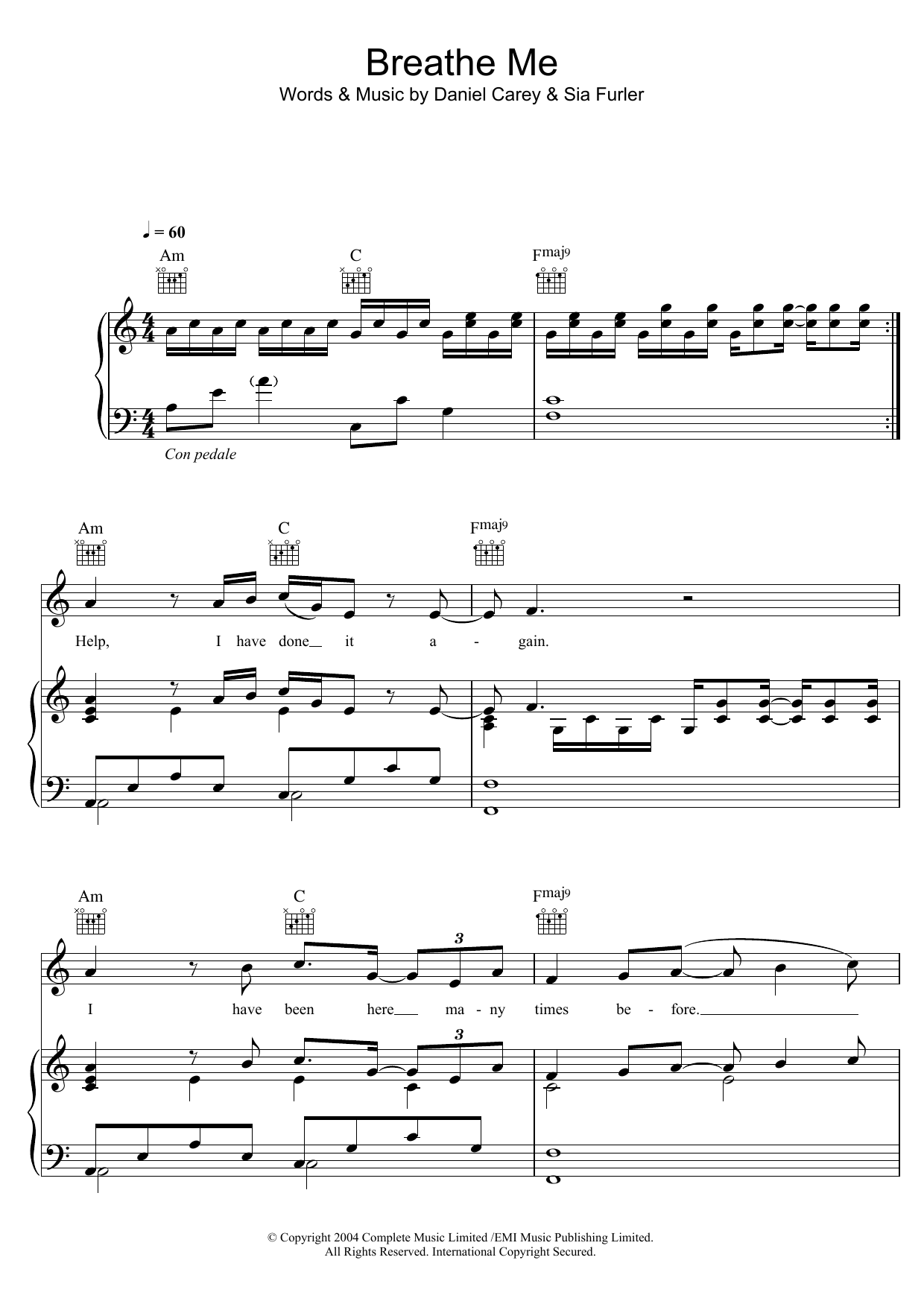 Sia Breathe Me sheet music notes and chords arranged for Piano Solo