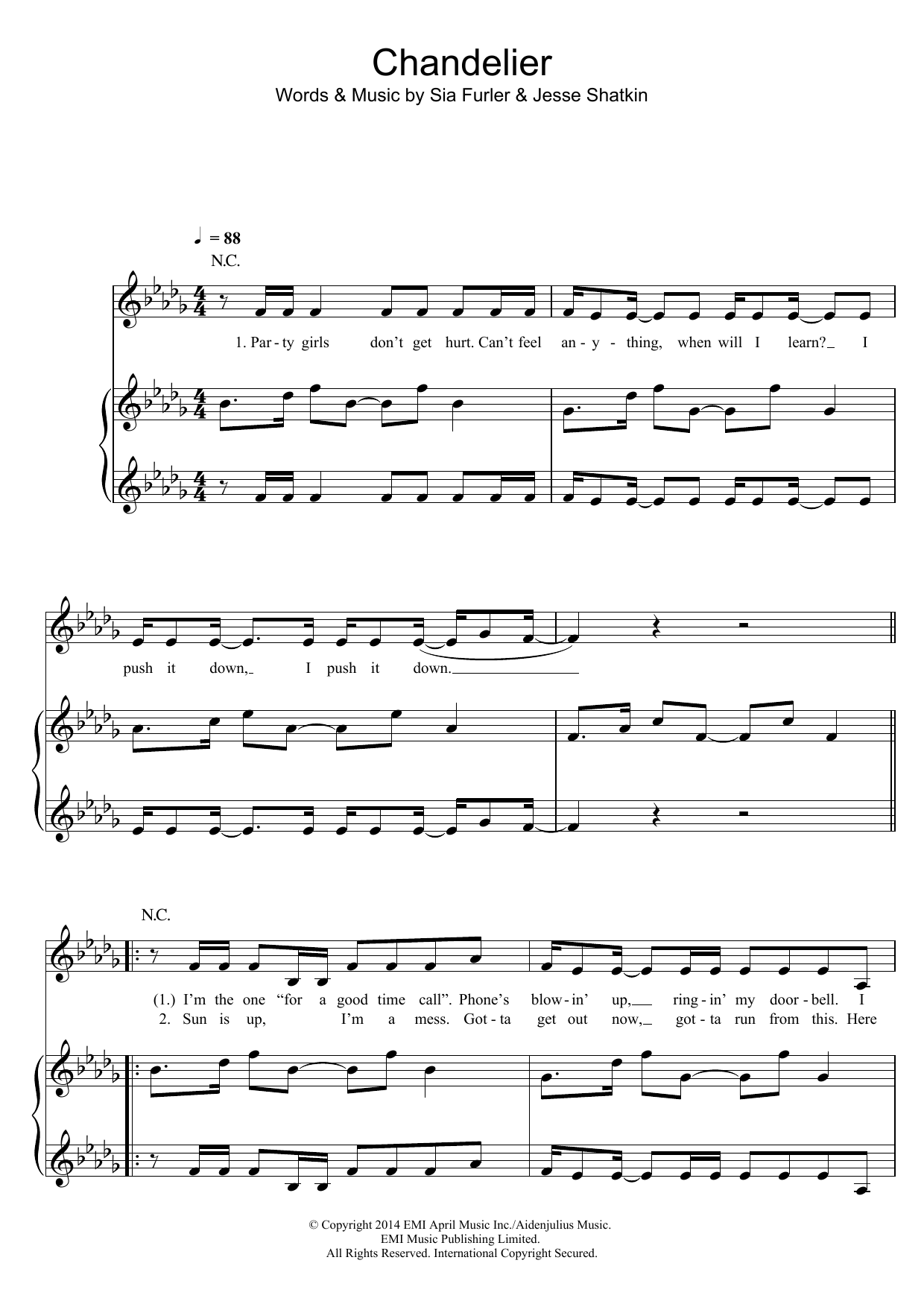 Sia Chandelier sheet music notes and chords arranged for Piano, Vocal & Guitar Chords