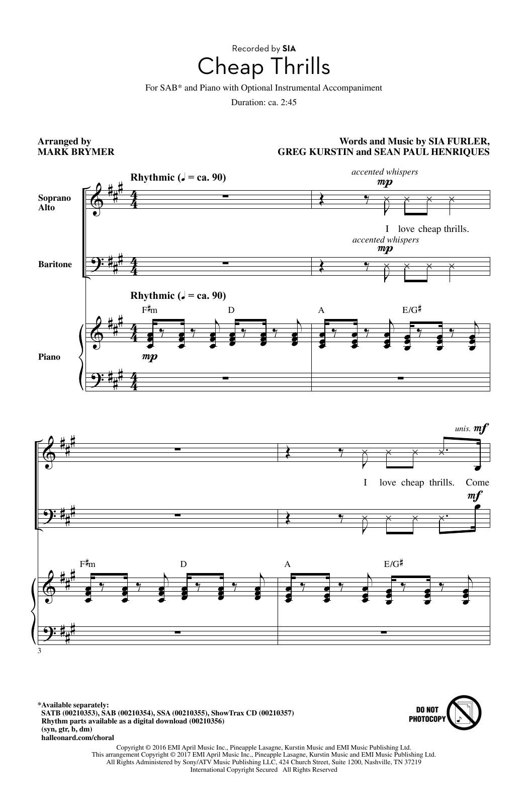 Sia Cheap Thrills (feat. Sean Paul) (arr. Mark Brymer) sheet music notes and chords arranged for SSA Choir