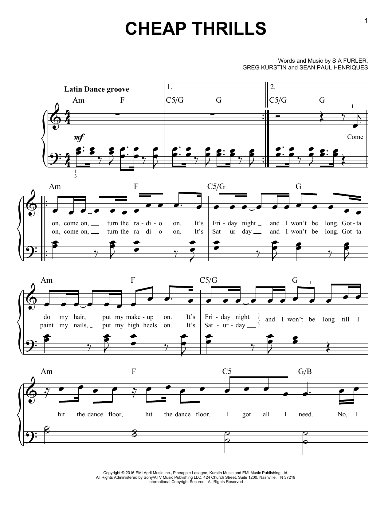 Sia Cheap Thrills (feat. Sean Paul) sheet music notes and chords arranged for Easy Piano