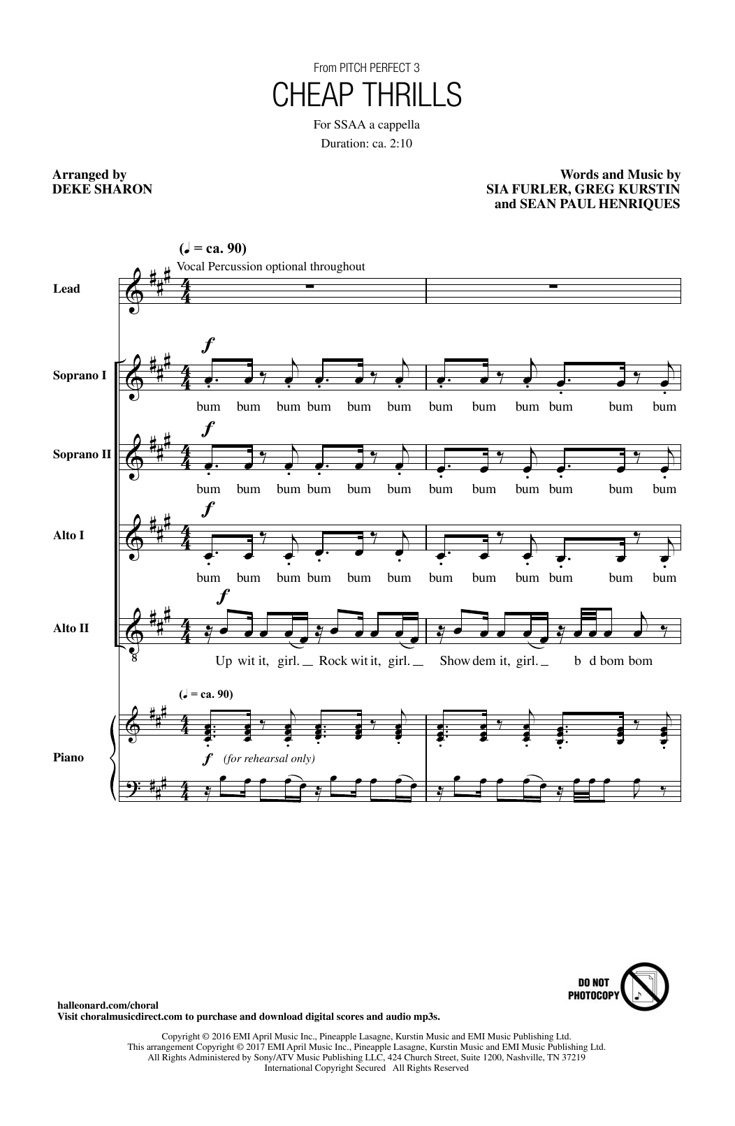 Sia Cheap Thrills (from Pitch Perfect 3) (arr. Deke Sharon) sheet music notes and chords arranged for SSAA Choir