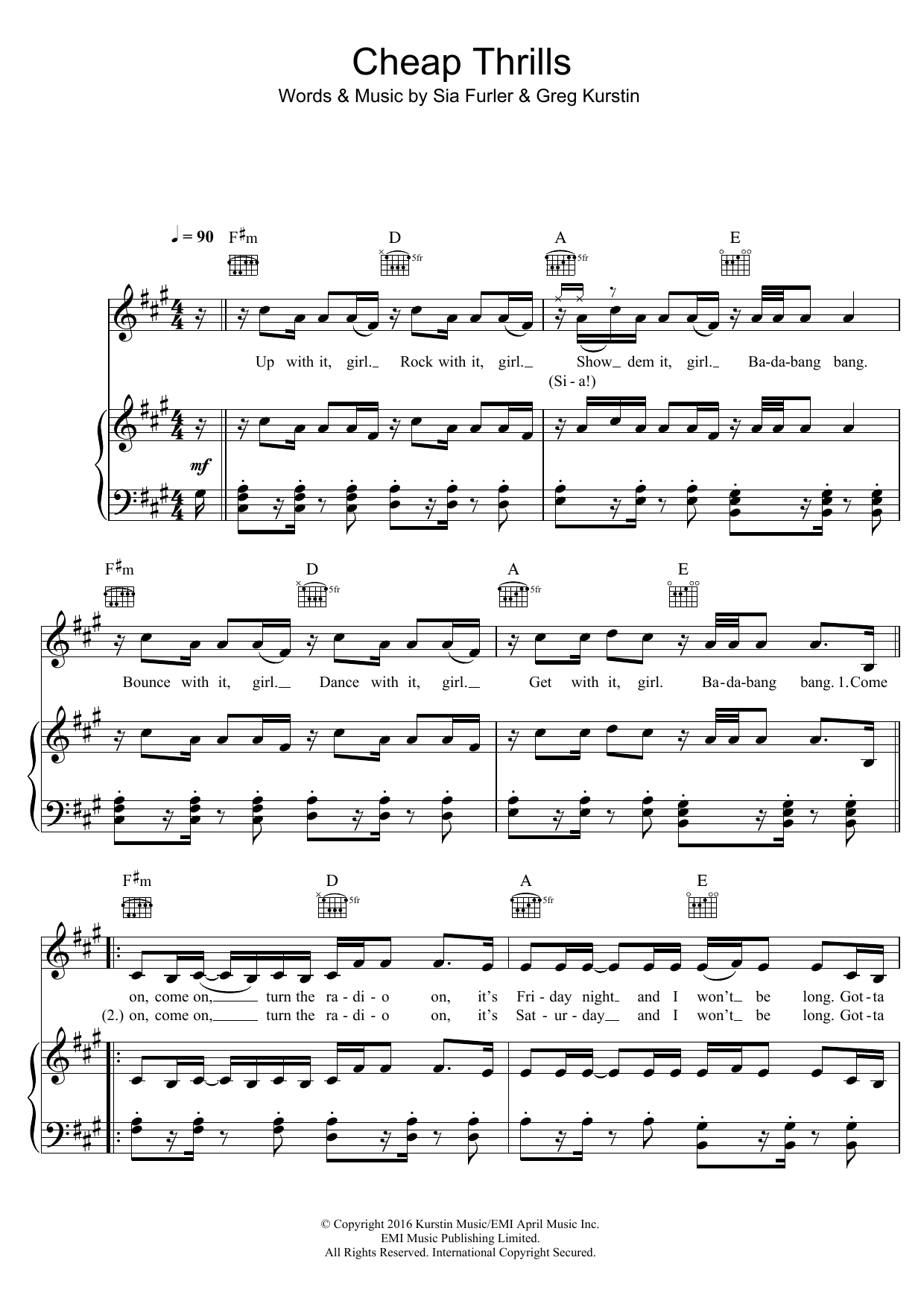 Sia Cheap Thrills sheet music notes and chords arranged for Piano, Vocal & Guitar Chords