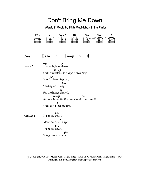 Sia Don't Bring Me Down sheet music notes and chords arranged for Guitar Chords/Lyrics