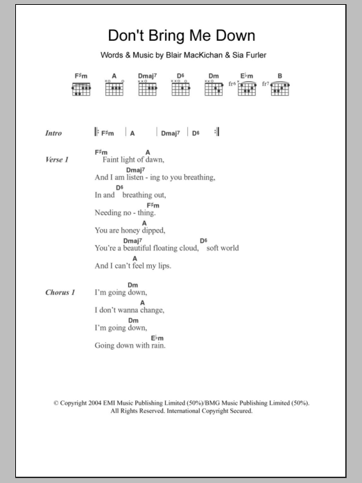 Sia Don't Bring Me Down sheet music notes and chords arranged for Guitar Chords/Lyrics