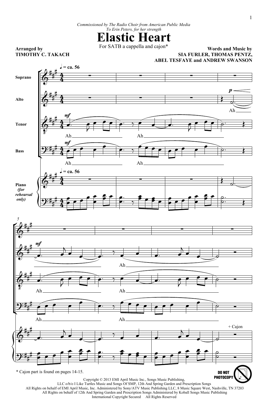 Sia Elastic Heart (feat. The Weeknd and Diplo) (arr. Timothy C. Takach) sheet music notes and chords arranged for SATB Choir