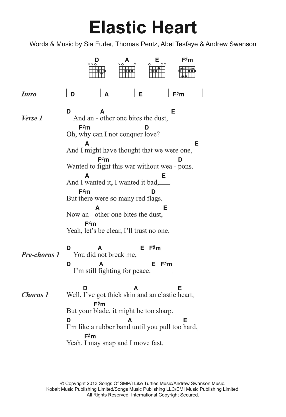 Sia Elastic Heart sheet music notes and chords arranged for Piano, Vocal & Guitar Chords