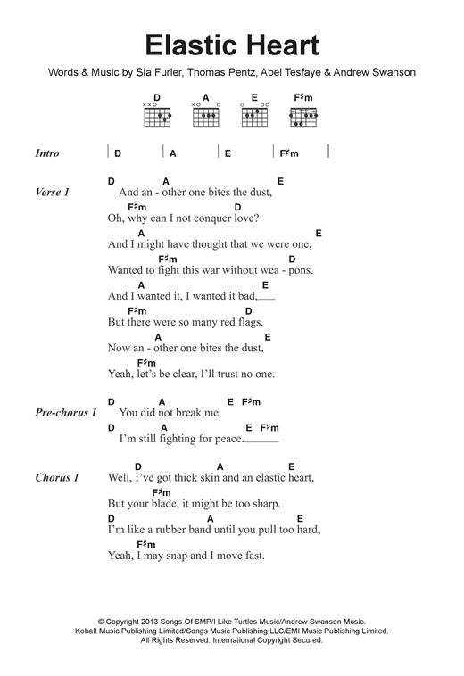 Sia Elastic Heart sheet music notes and chords arranged for Guitar Chords/Lyrics
