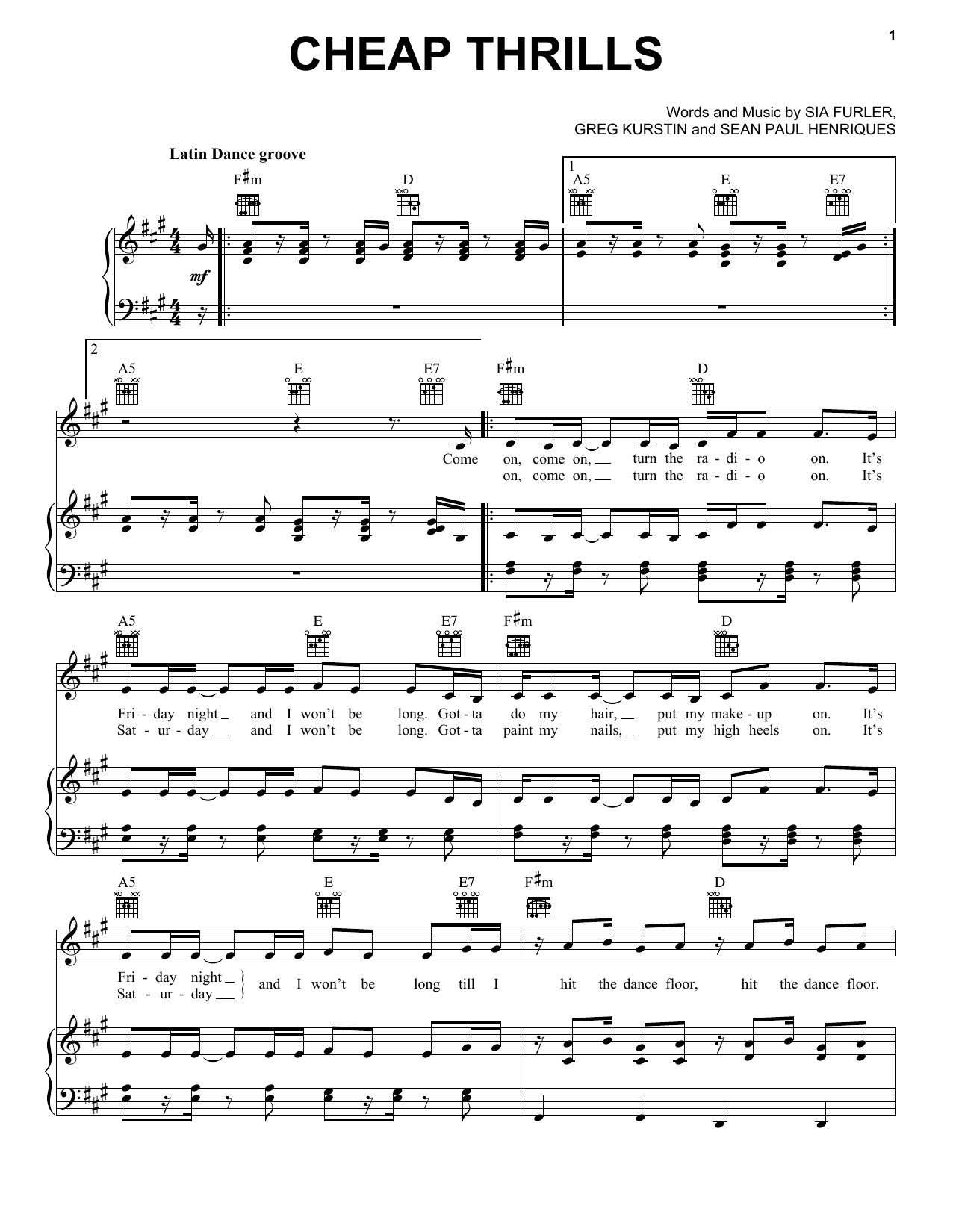 Sia feat. Sean Paul Cheap Thrills sheet music notes and chords arranged for Piano, Vocal & Guitar Chords (Right-Hand Melody)