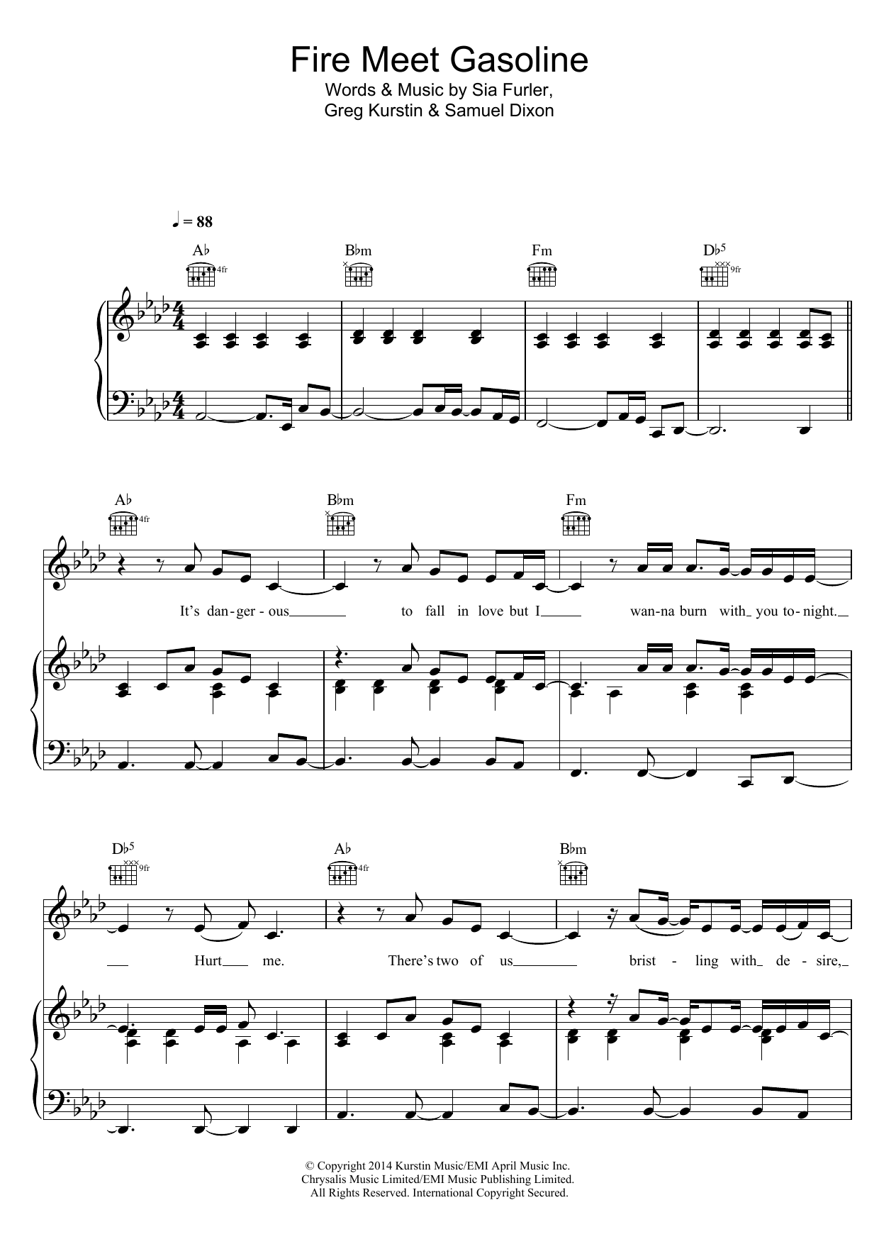 Sia Fire Meet Gasoline sheet music notes and chords arranged for Piano, Vocal & Guitar Chords