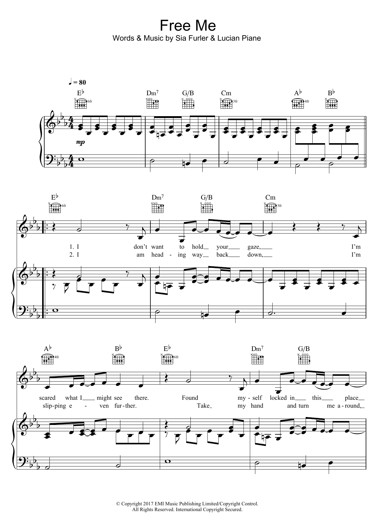 Sia Free Me sheet music notes and chords arranged for Piano, Vocal & Guitar Chords