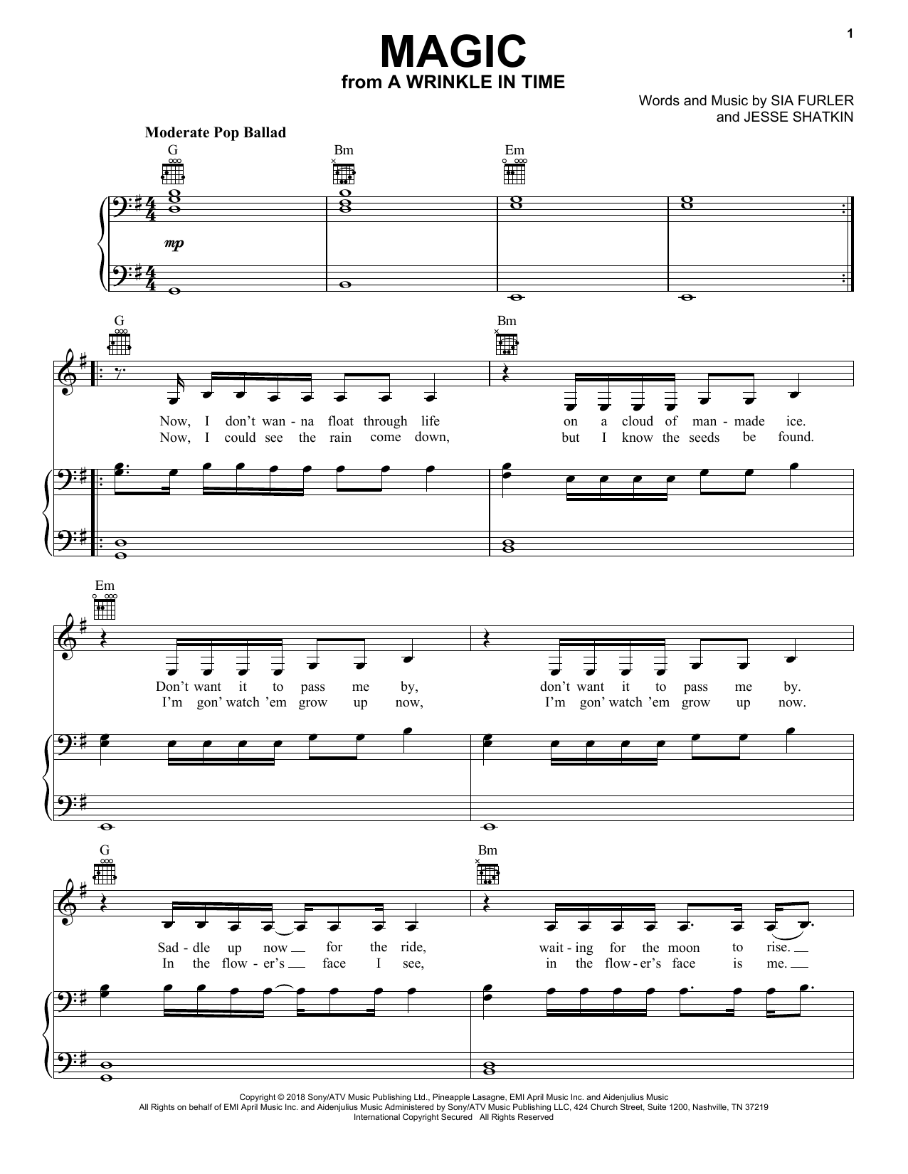 Sia Magic (from A Wrinkle In Time) sheet music notes and chords arranged for Piano, Vocal & Guitar Chords (Right-Hand Melody)