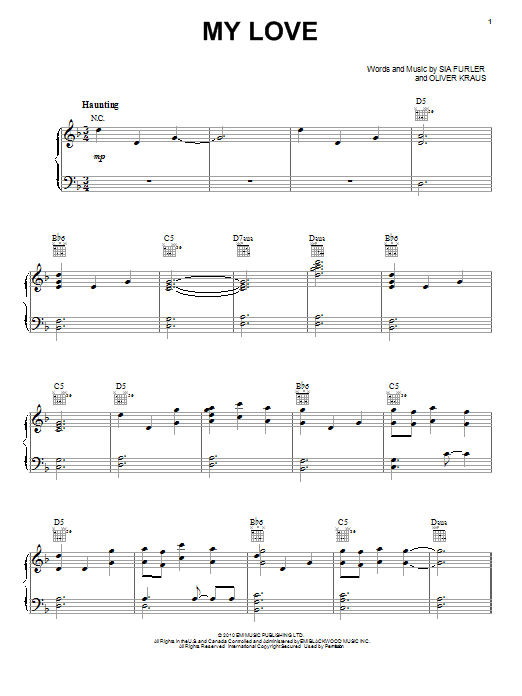 Sia My Love sheet music notes and chords arranged for Piano, Vocal & Guitar Chords (Right-Hand Melody)