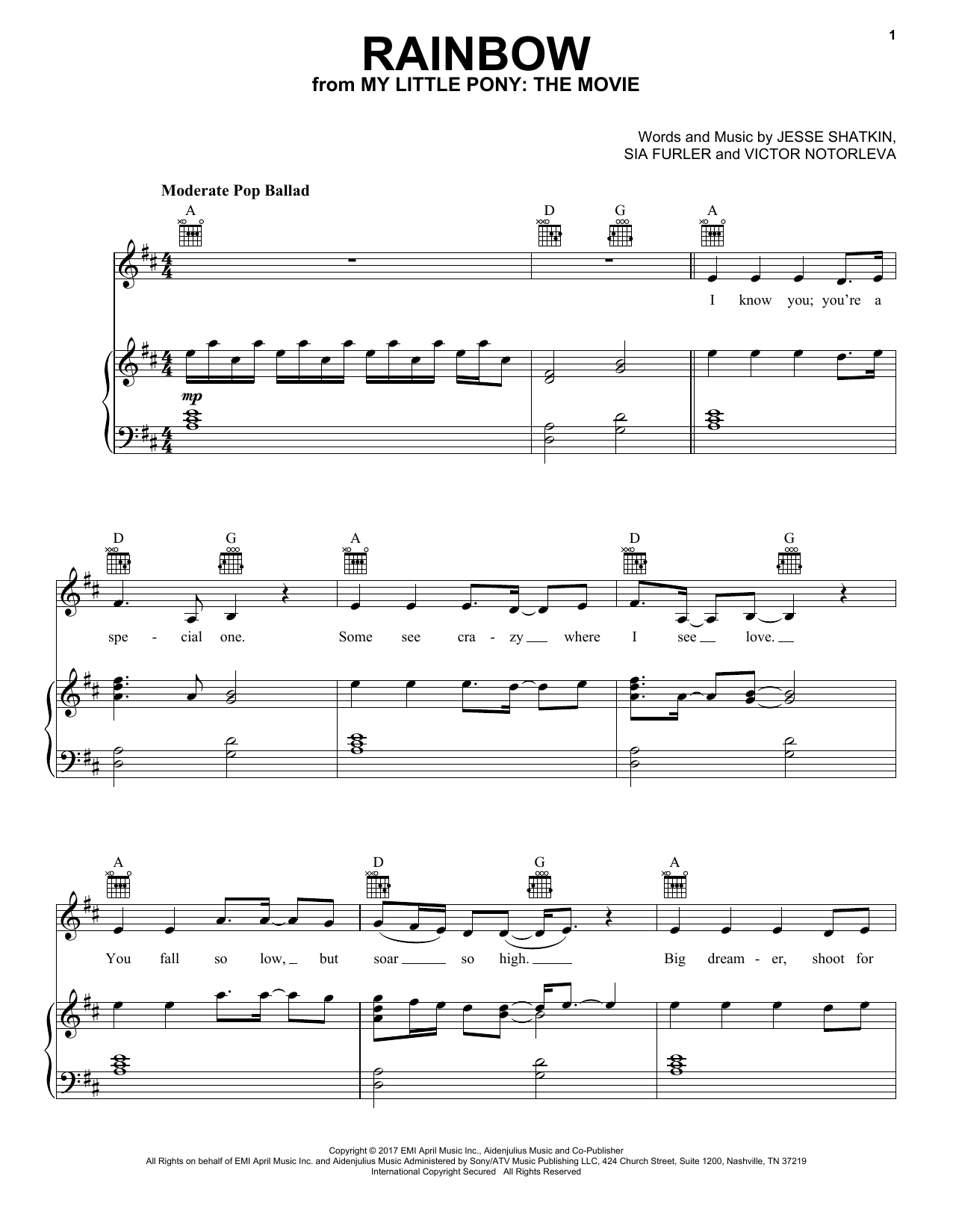 Sia Rainbow sheet music notes and chords arranged for Piano, Vocal & Guitar Chords (Right-Hand Melody)