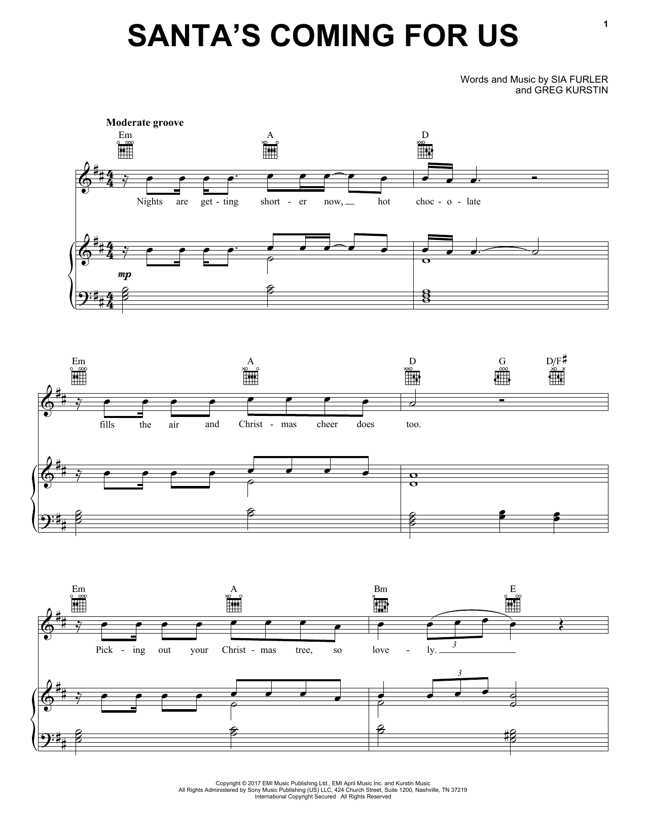 Sia Santa's Coming For Us sheet music notes and chords arranged for Piano, Vocal & Guitar Chords (Right-Hand Melody)