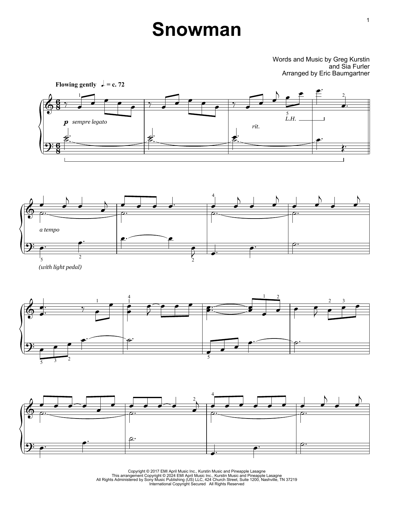 Sia Snowman (arr. Eric Baumgartner) sheet music notes and chords arranged for Educational Piano