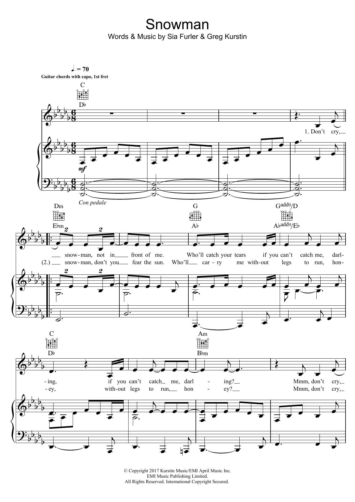 Sia Snowman sheet music notes and chords arranged for Piano, Vocal & Guitar Chords (Right-Hand Melody)