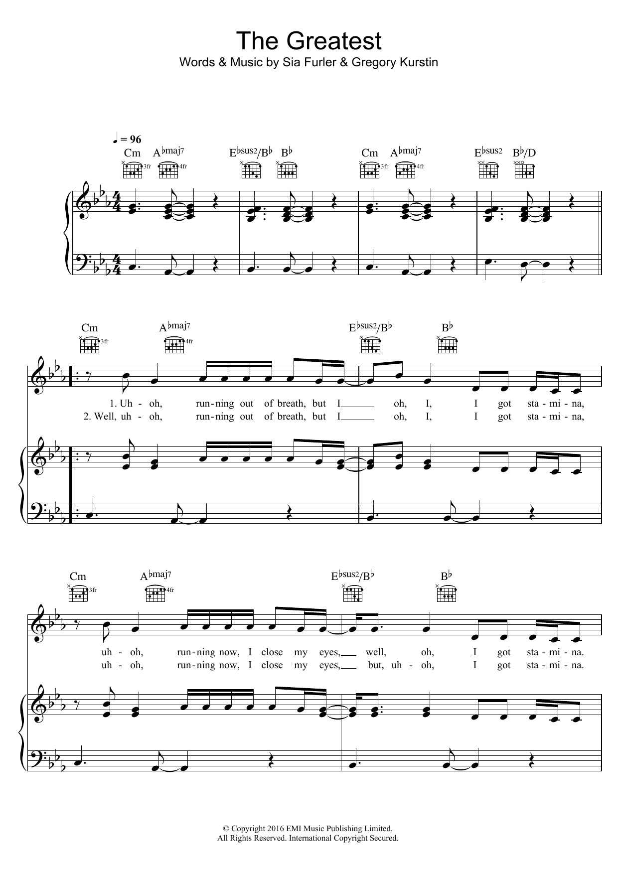 Sia The Greatest (featuring Kendrick Lamar) sheet music notes and chords arranged for Piano, Vocal & Guitar Chords