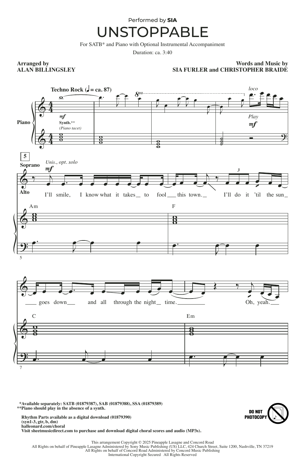 Sia Unstoppable (arr. Alan Billingsley) sheet music notes and chords arranged for SSA Choir