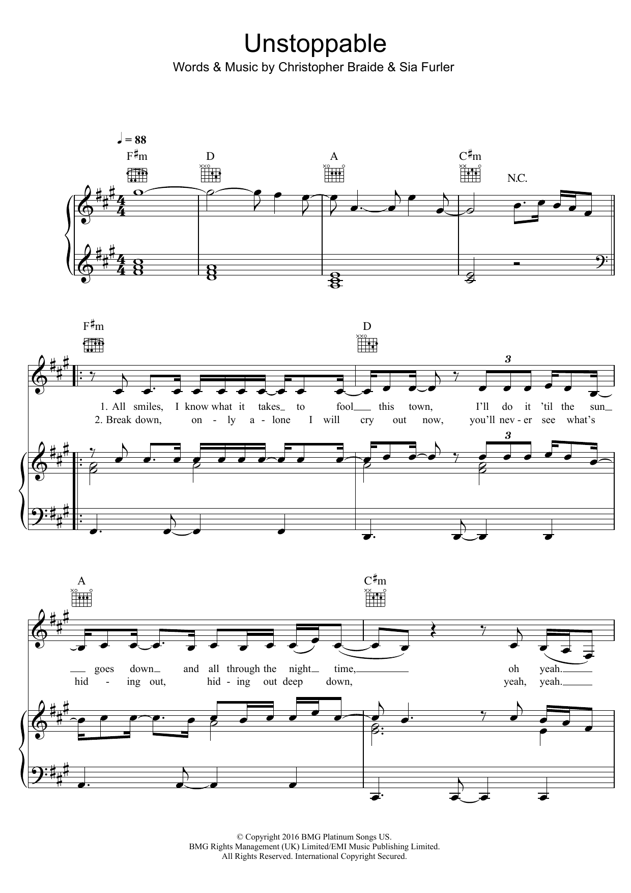 Sia Unstoppable sheet music notes and chords arranged for Easy Piano