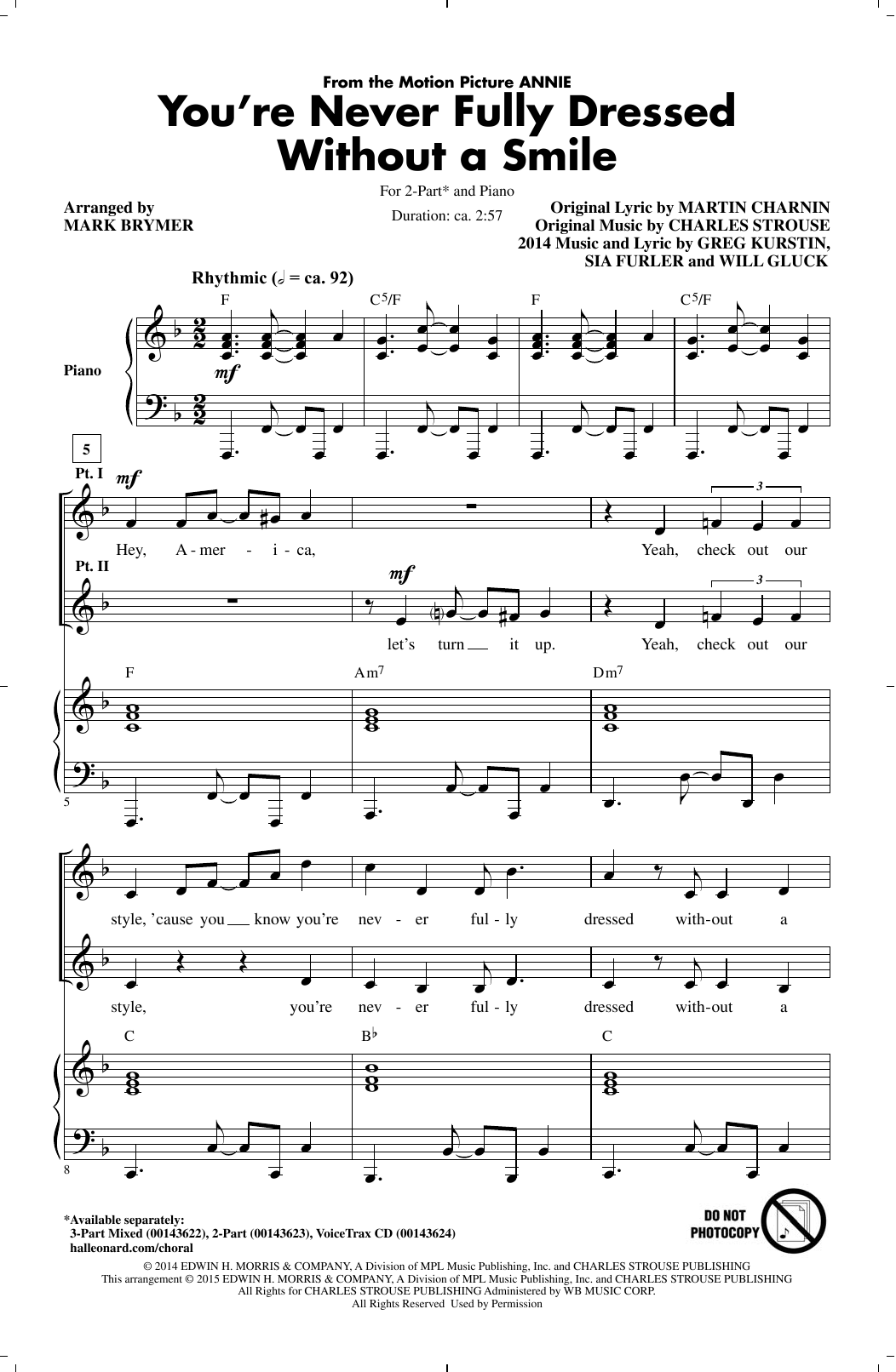 Sia You're Never Fully Dressed Without A Smile (2014 Film Version) (arr. Mark Brymer) sheet music notes and chords arranged for 2-Part Choir