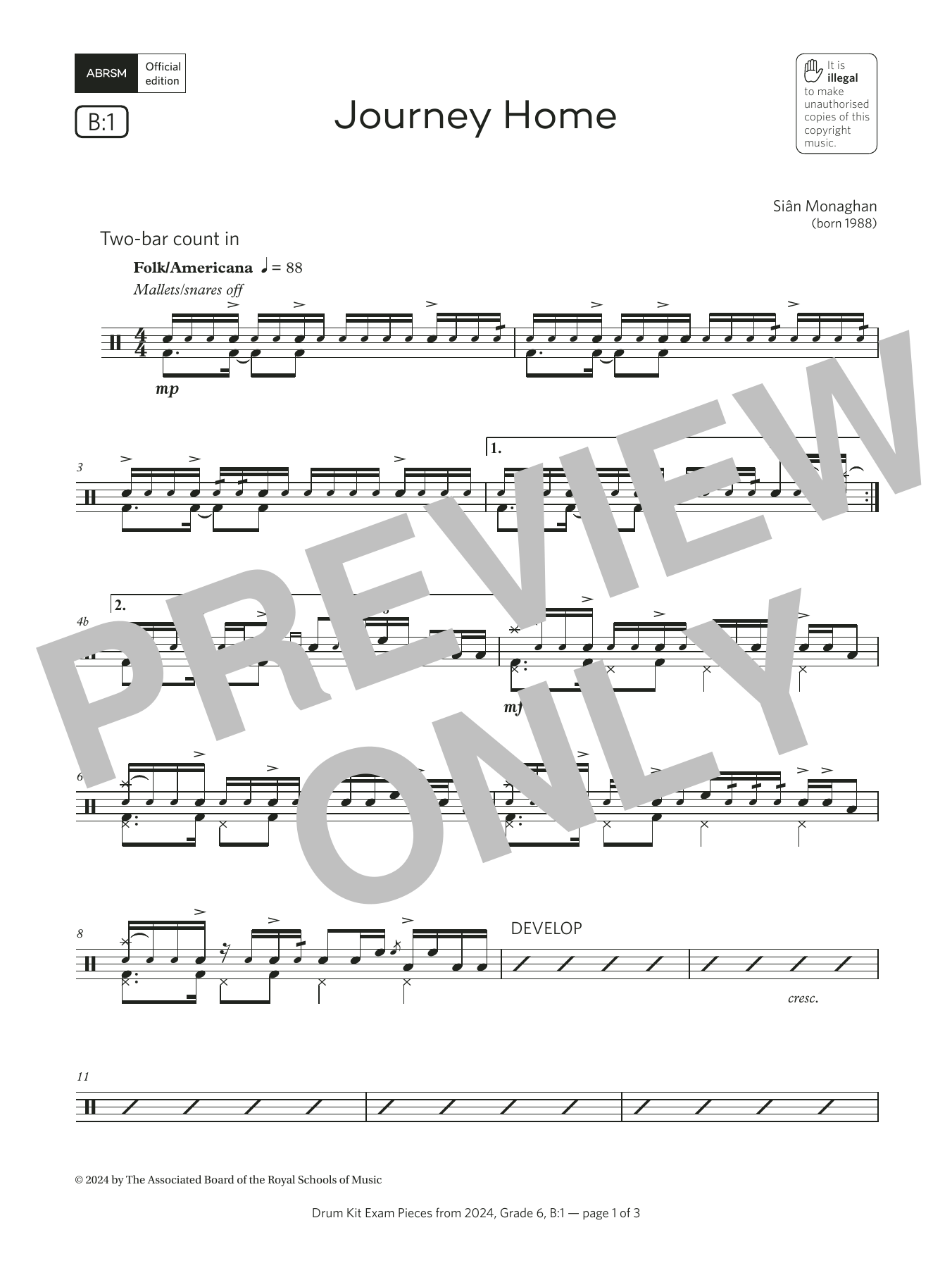 Sian Monaghan Journey Home (Grade 6, list B1, from the ABRSM Drum Kit Syllabus 2024) sheet music notes and chords arranged for Drums