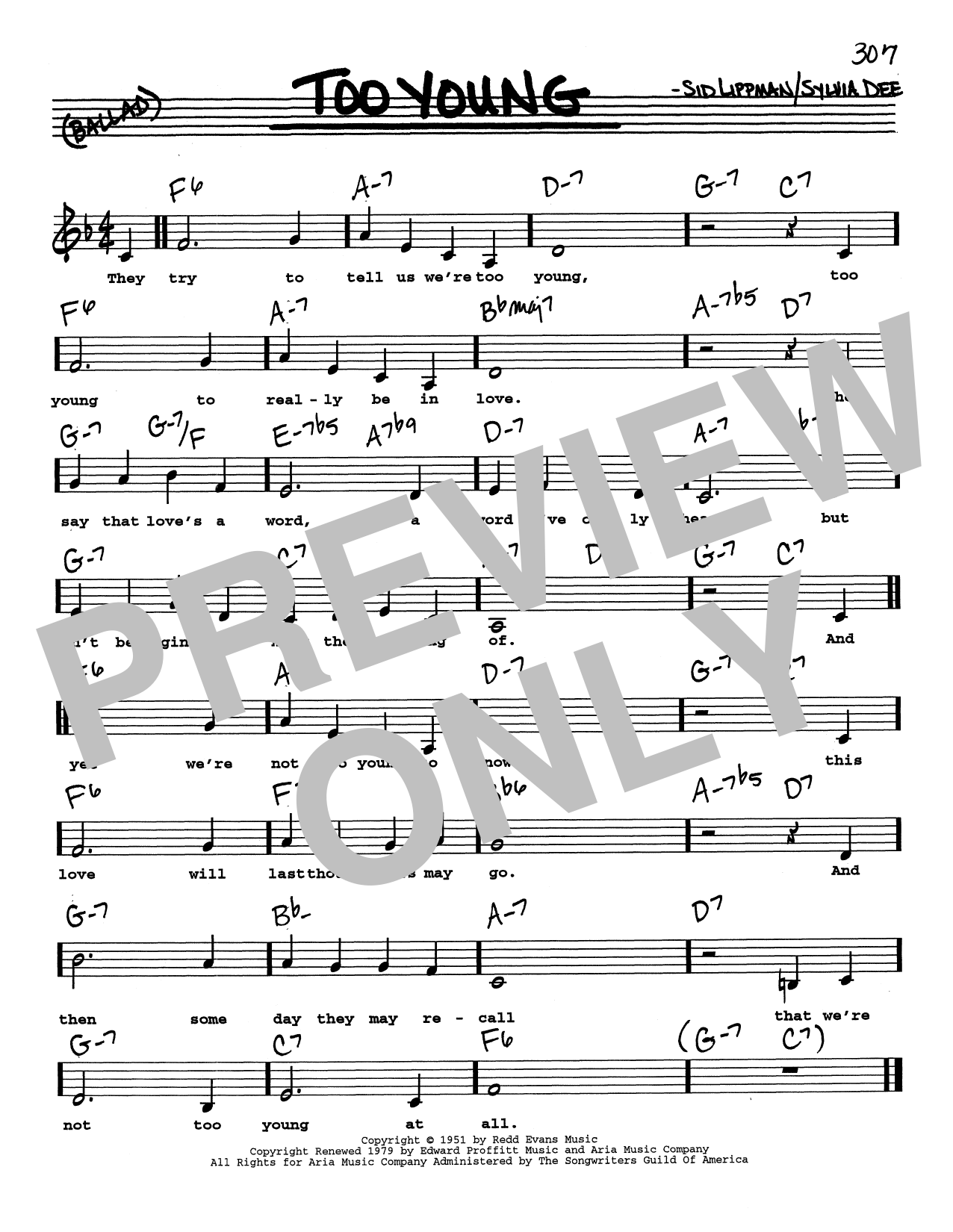 Sid Lippman Too Young (Low Voice) sheet music notes and chords arranged for Real Book – Melody, Lyrics & Chords