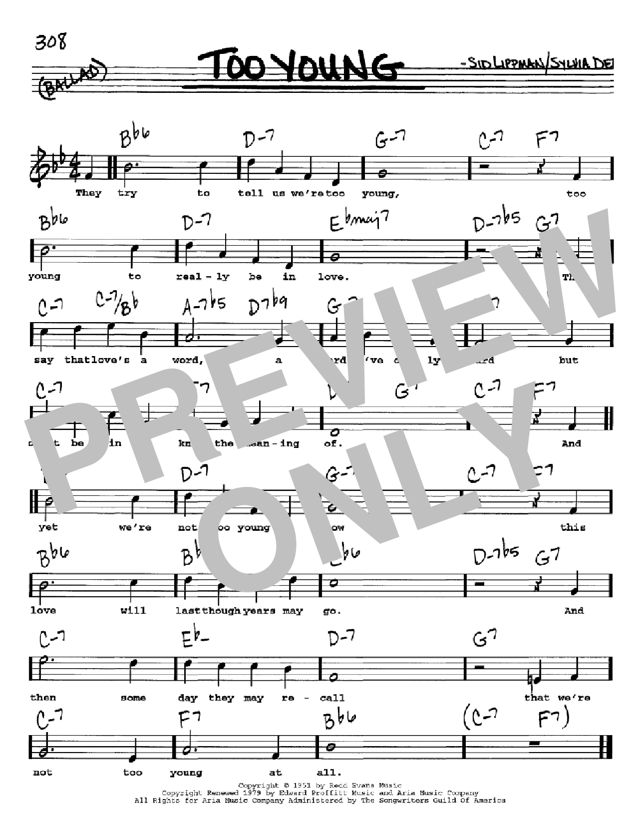 Sid Lippman Too Young sheet music notes and chords arranged for Real Book – Melody, Lyrics & Chords