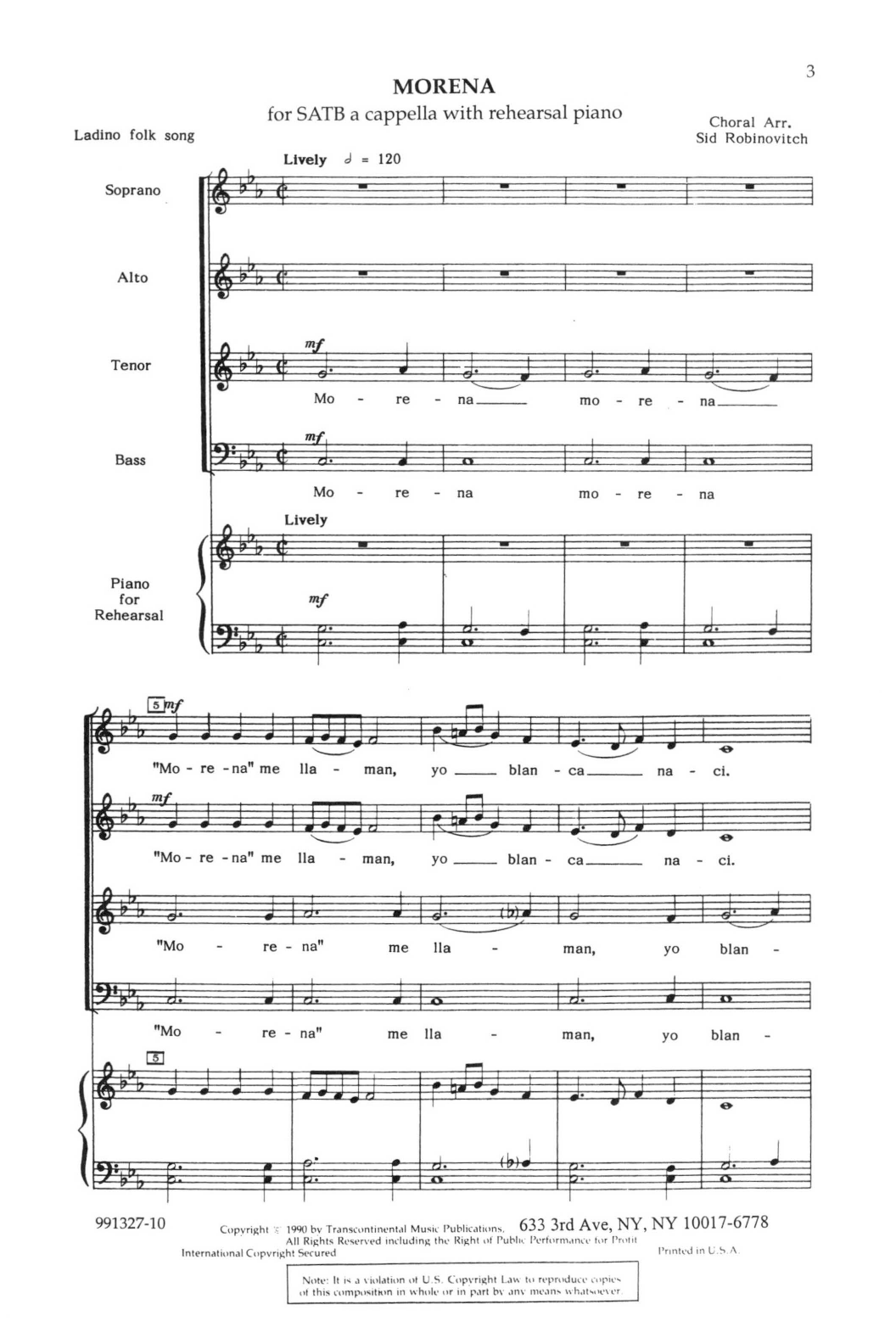 Sid Robinovitch Morena sheet music notes and chords arranged for SATB Choir