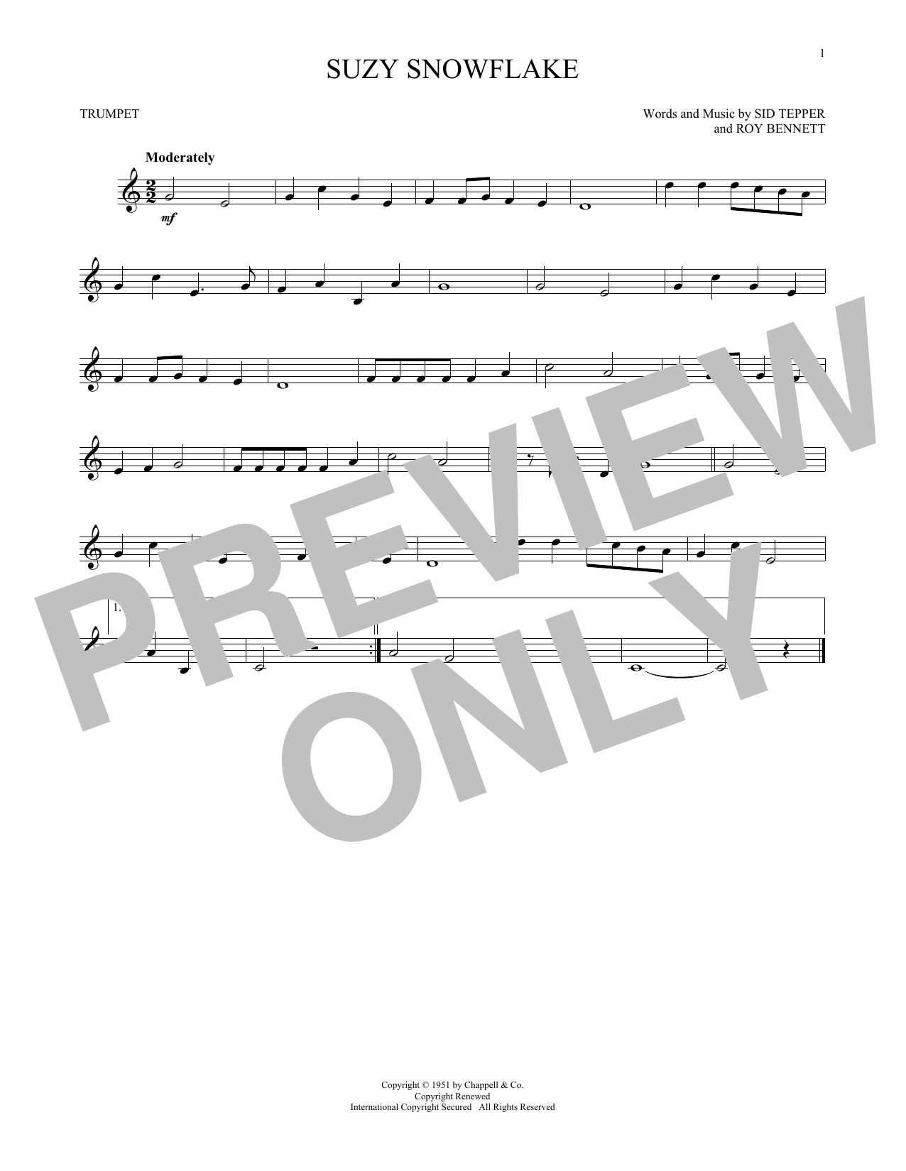 Sid Tepper and Roy Bennett Suzy Snowflake sheet music notes and chords arranged for French Horn Solo