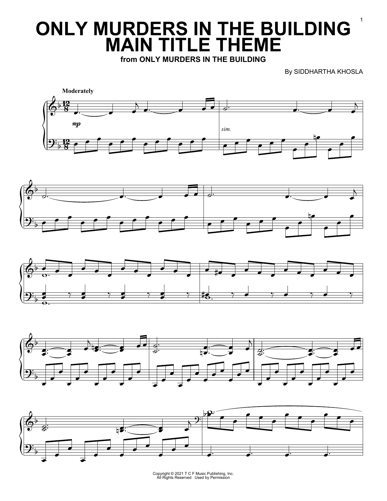 Siddhartha Khosla Only Murders In The Building (Main Title Theme) sheet music notes and chords arranged for Piano Solo