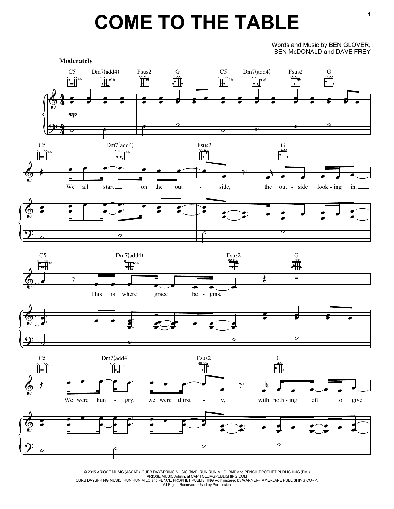 Sidewalk Prophets Come To The Table sheet music notes and chords arranged for Piano, Vocal & Guitar Chords (Right-Hand Melody)