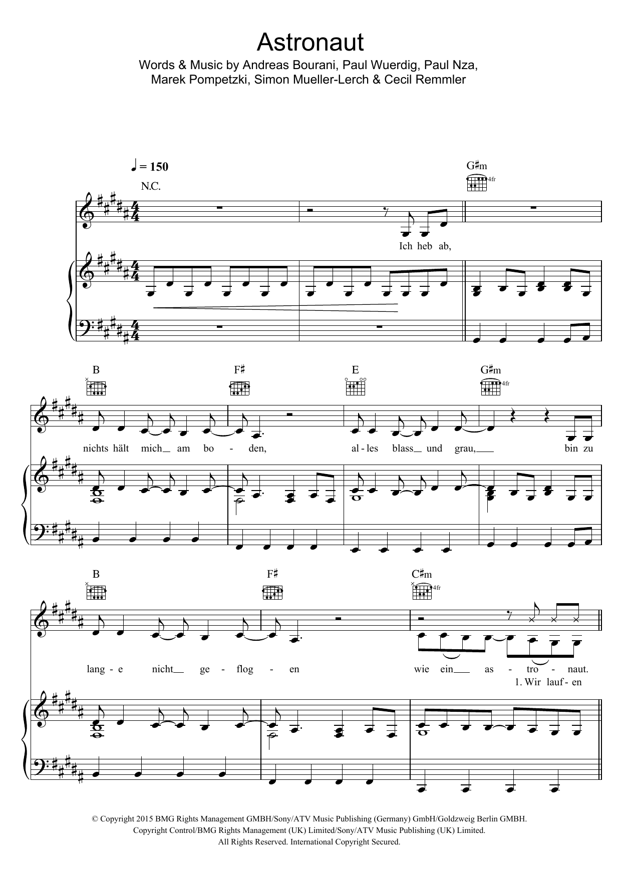 Sido Astronaut (featuring Andreas Bourani) sheet music notes and chords arranged for Piano, Vocal & Guitar Chords (Right-Hand Melody)