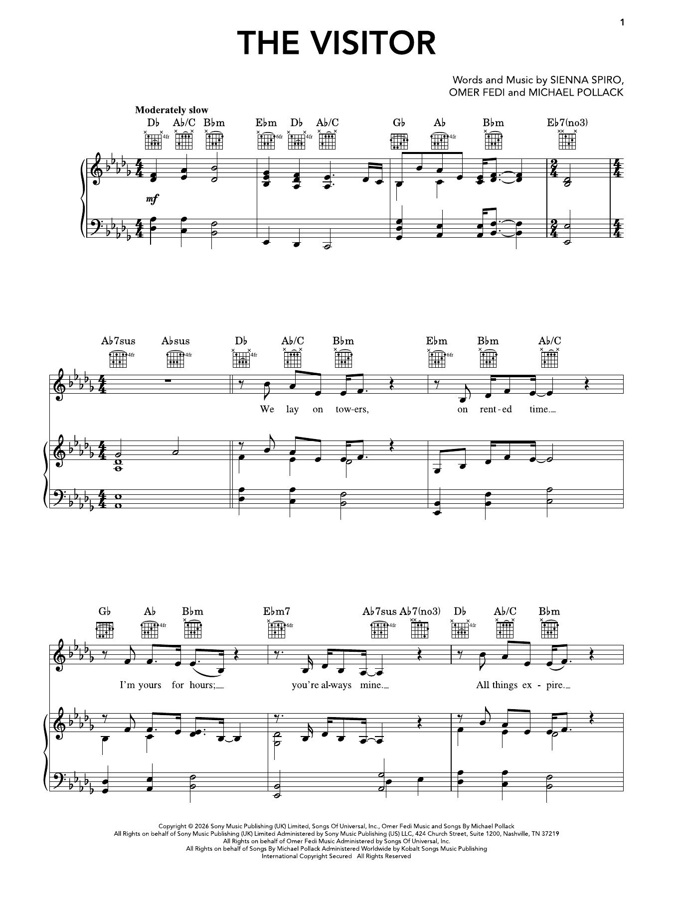 Sienna Spiro The Visitor sheet music notes and chords arranged for Super Easy Piano