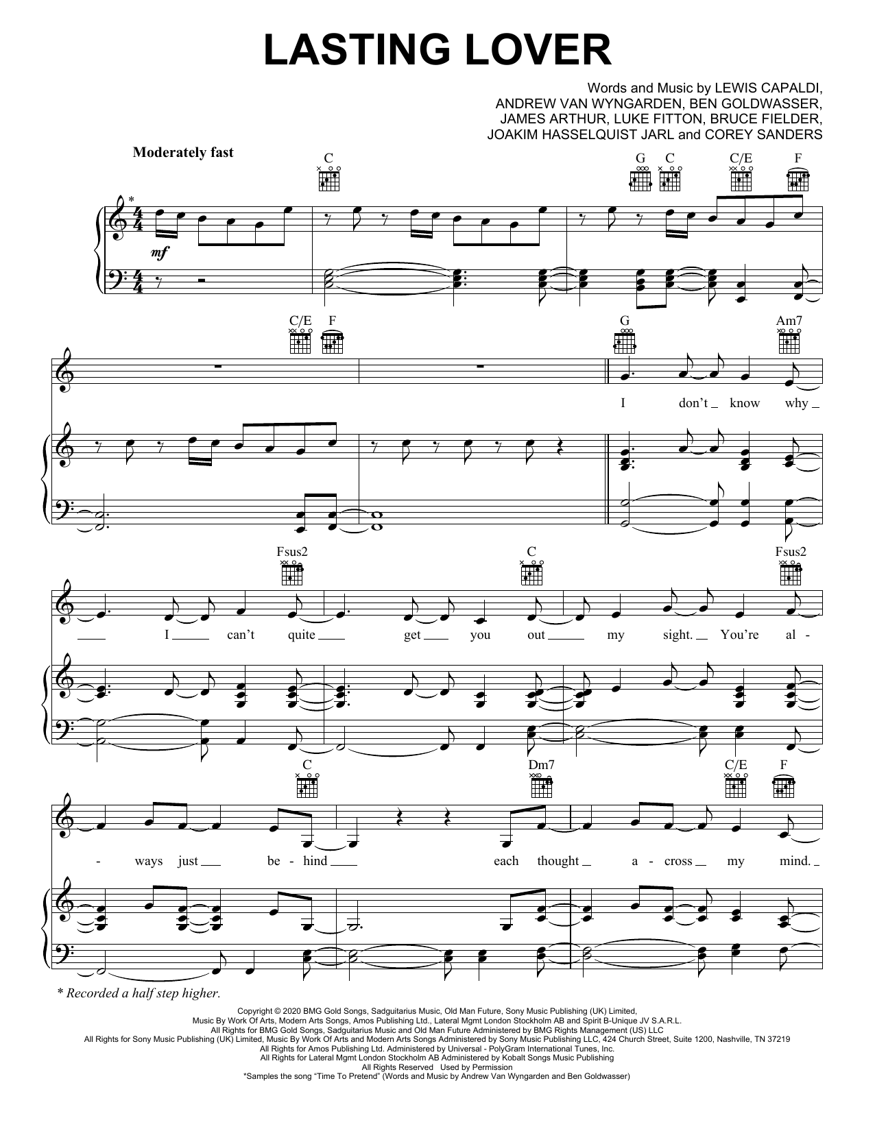 Sigala & James Arthur Lasting Lover sheet music notes and chords arranged for Piano, Vocal & Guitar Chords (Right-Hand Melody)