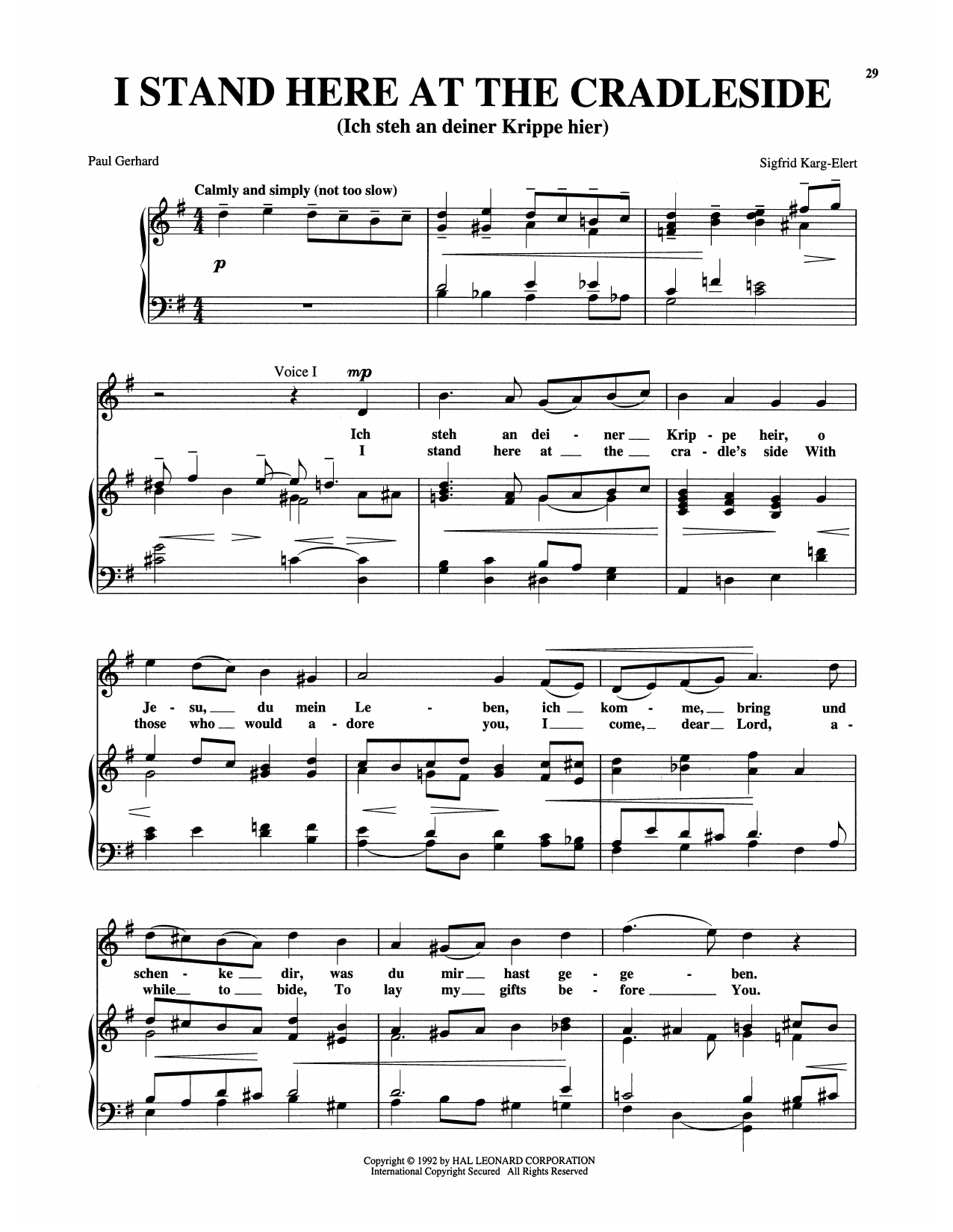 Sigfrid Karg-Elert I Stand Here At The Cradleside sheet music notes and chords arranged for Piano & Vocal