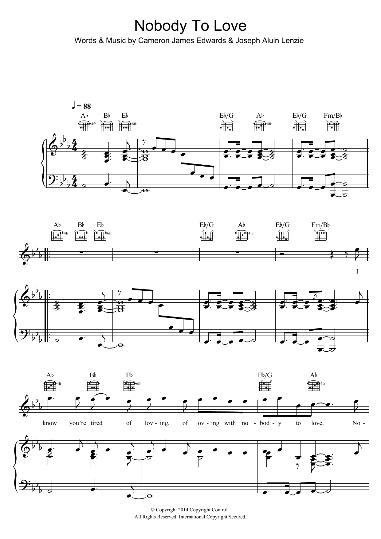 Sigma Nobody To Love sheet music notes and chords arranged for Piano, Vocal & Guitar Chords