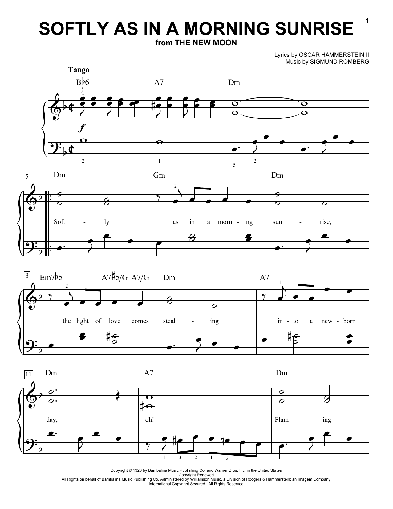 Sigmund Romberg Softly As In A Morning Sunrise sheet music notes and chords arranged for Very Easy Piano