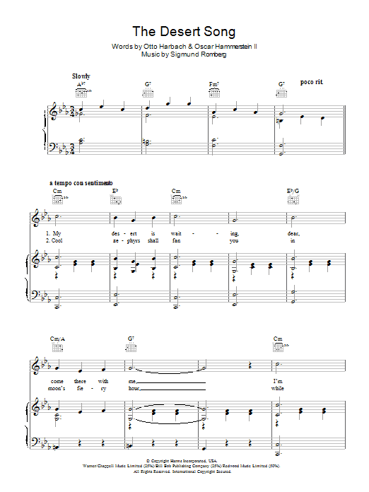 Sigmund Romberg The Desert Song sheet music notes and chords arranged for Piano, Vocal & Guitar Chords