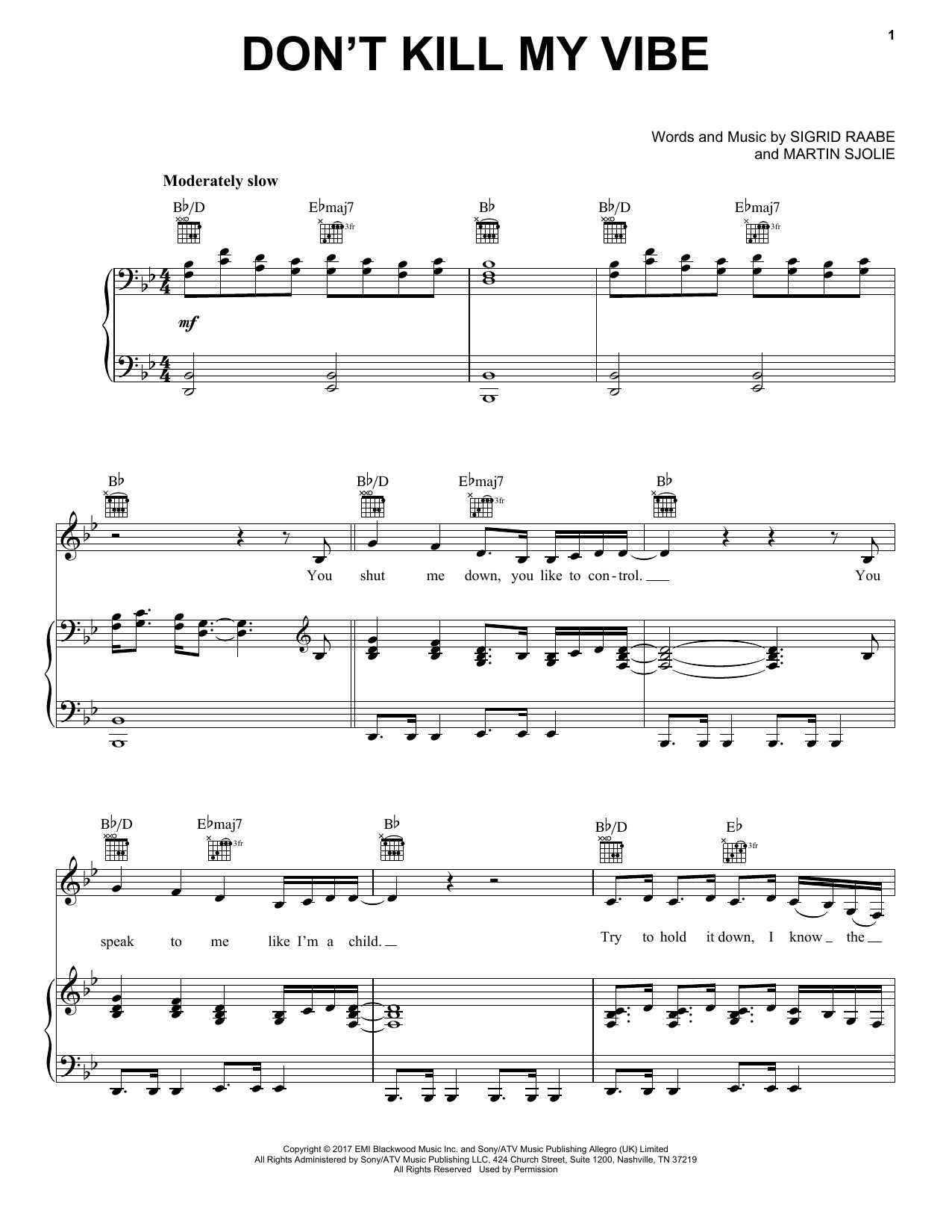 Sigrid Don't Kill My Vibe sheet music notes and chords arranged for Piano, Vocal & Guitar Chords (Right-Hand Melody)